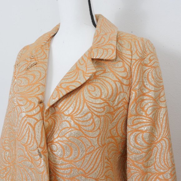 Carlye VINTAGE Orange Gold Metallic Art Deco Brocade 60's Mod Design Button Coat - Picture 3 of 16